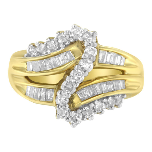 10K Yellow Gold Round and Baguette Cut Diamond Bypass Ring (1 Cttw, J-