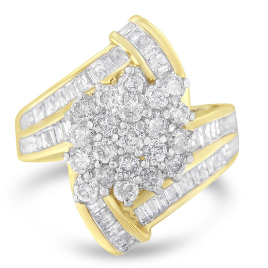 10K Yellow Gold Round and Baguette Diamond Crossover Cluster Ring (3 C