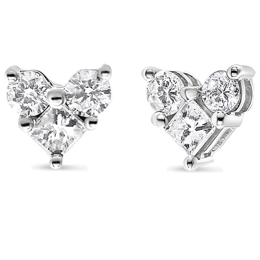 10K White Gold Diamond 3 Stone Trio Heart Stud Earring (I-J Color,