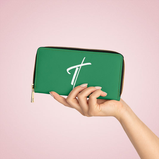 Womens Wallet, Zip Purse, Green & White Cross