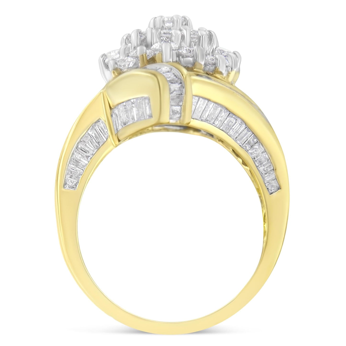 10K Yellow Gold Round and Baguette Diamond Crossover Cluster Ring (3 C