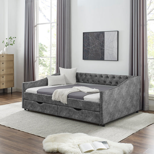 Full Size Daybed with Drawers Upholstered Tufted Sofa Bed, with Button