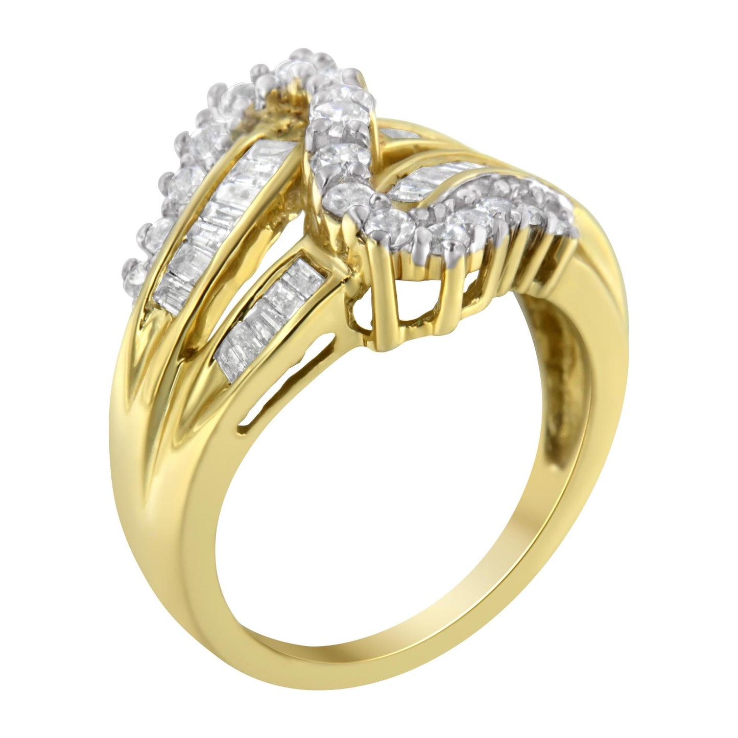 10K Yellow Gold Round and Baguette Cut Diamond Bypass Ring (1 Cttw, J-