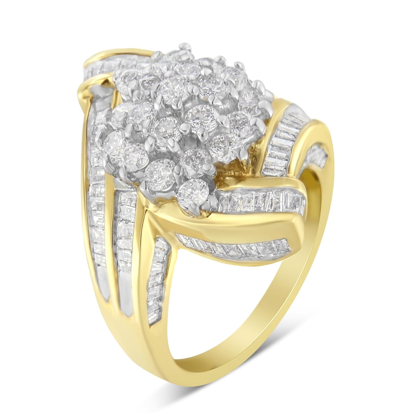 10K Yellow Gold Round and Baguette Diamond Crossover Cluster Ring (3 C