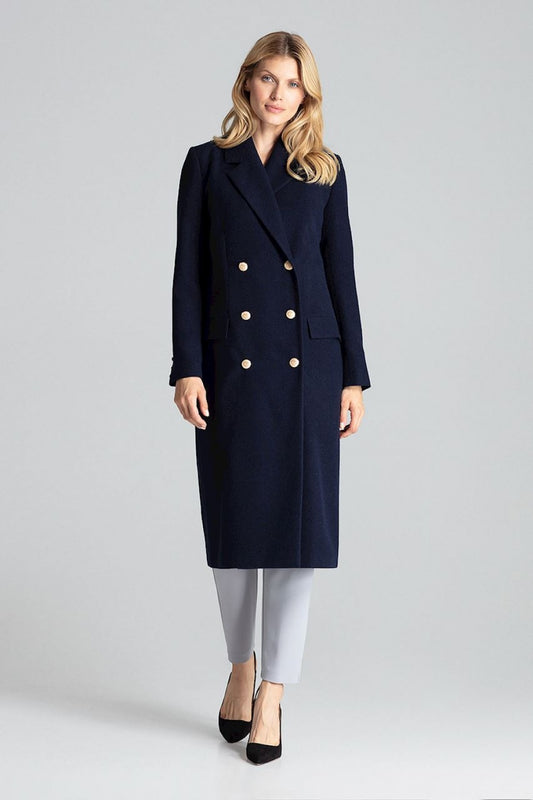 Buttoned Navy Blue Figl Double-Breasted Coat