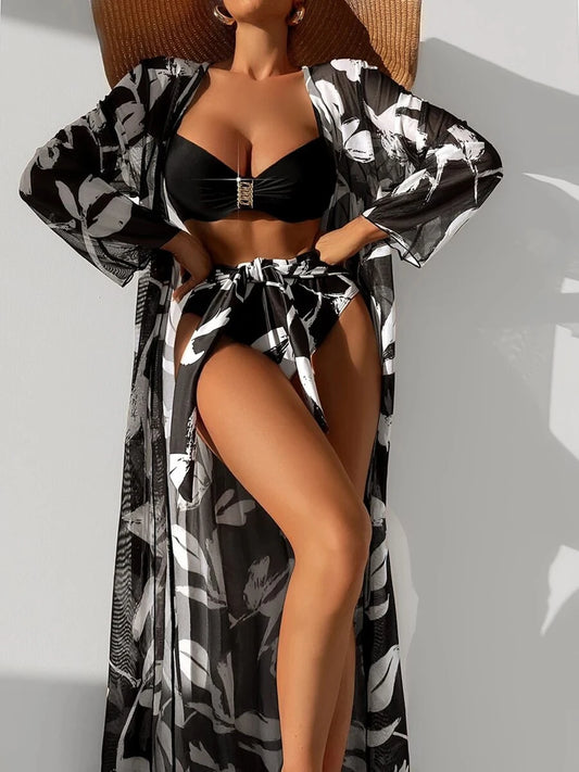 2024 Print 3 Pieces High Waist Bikini & Long Sleeve Kimono Swimsuit