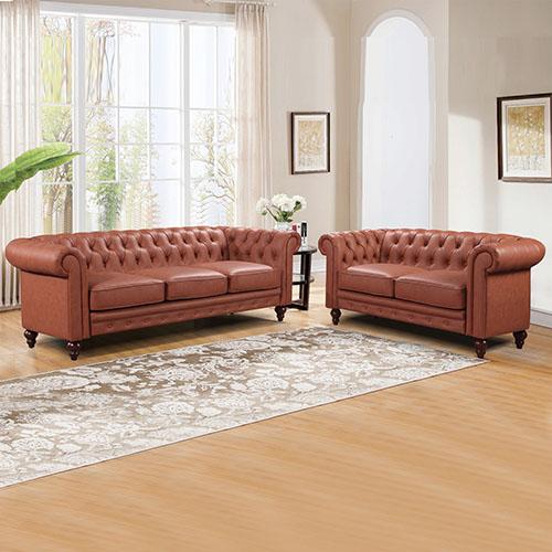 3+2 Seater Brown Sofa Lounge Chesterfireld Style Button Tufted in Faux