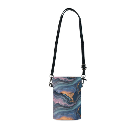 Crossbody Bag, Small Cell Phone Purse - Blue Pink Gold Abstract Marble