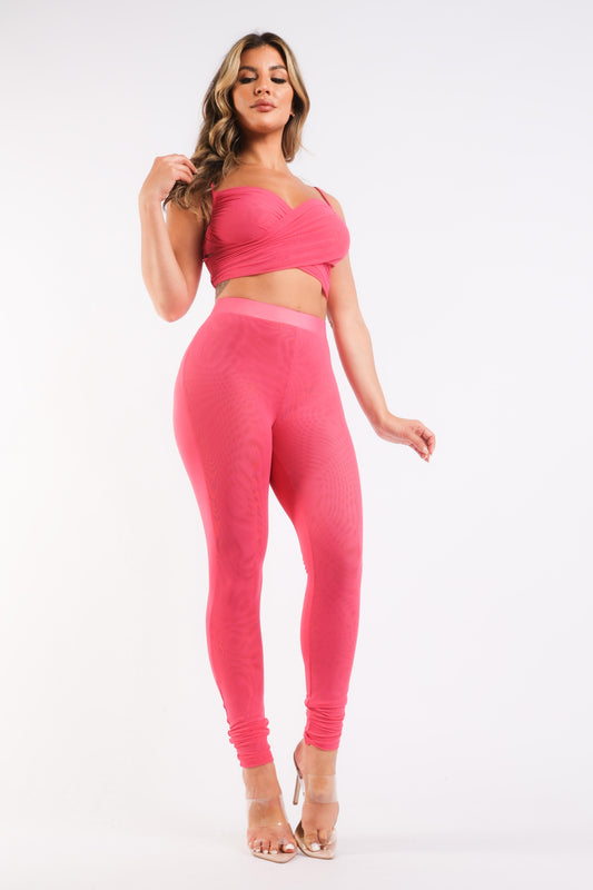 Mesh Contrast Casual Sports Top & Leggings FUCHSIA Set