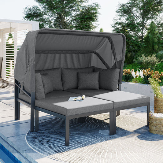 3-Piece Patio Daybed with Retractable Canopy Outdoor Metal Sectional