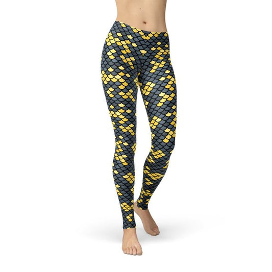 Mermaid Leggings Dark Gray and Yellow Fish Scales Pattern