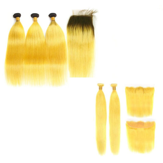 #Yellow 10A Grade #1B/Yellow Straight 3/4 BUNDLES with CLOSURES & FRONTAL